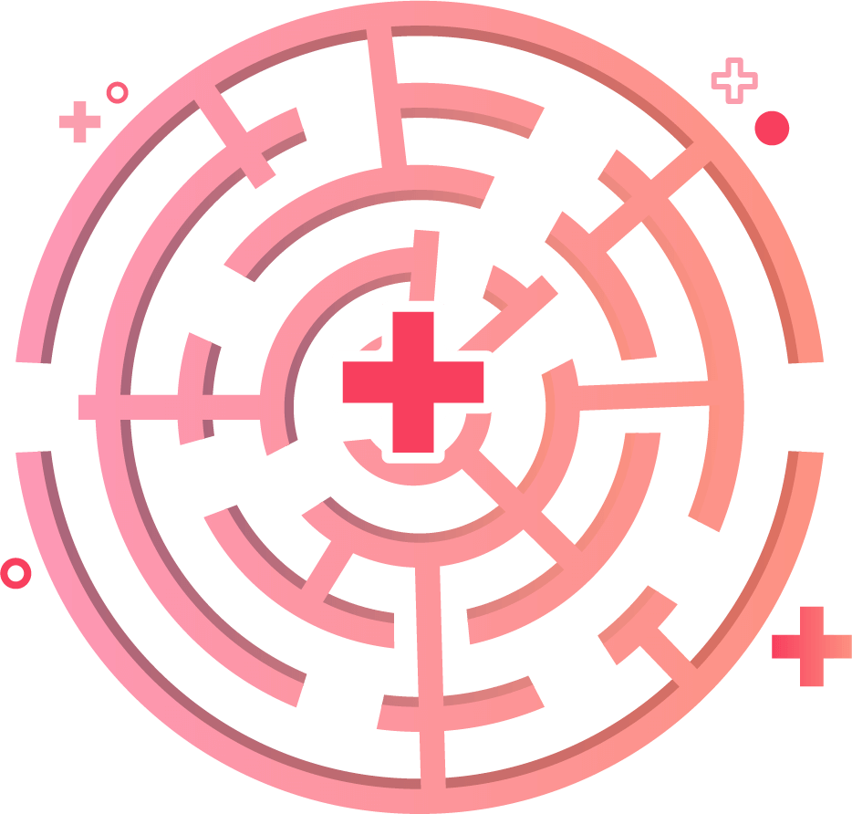 illustration of a maze with the healthcare symbol in the middle